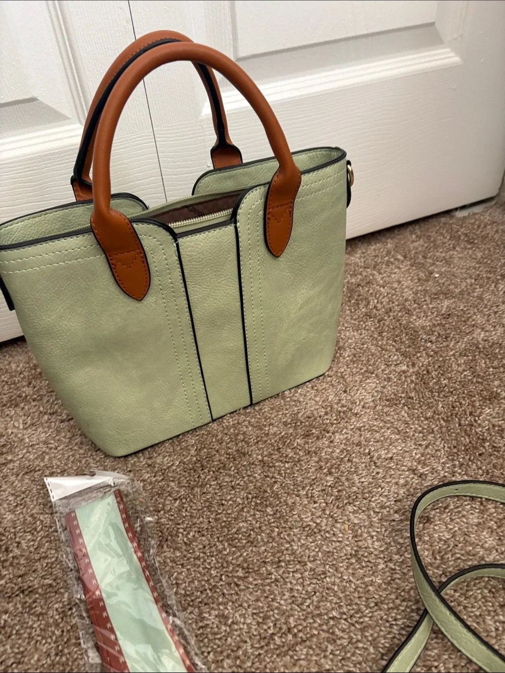 Women's Two-Tone Sage and Tan Leather Tote